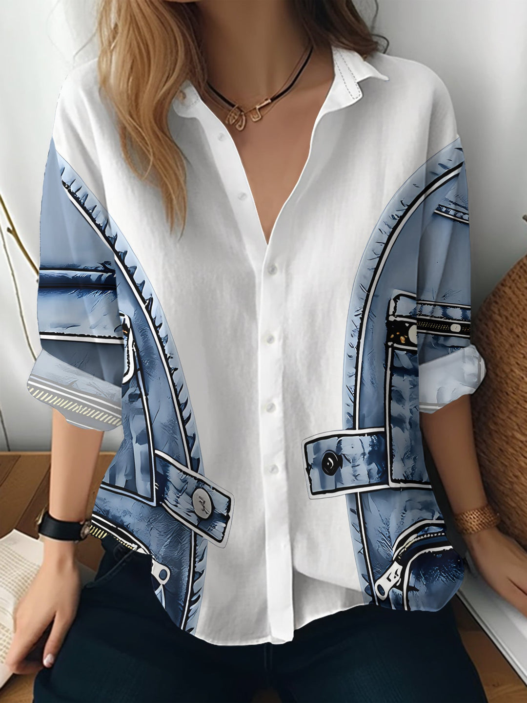 Alfiya - Camisa De Manga Comprida Com Bolso De Colete Em Ganga