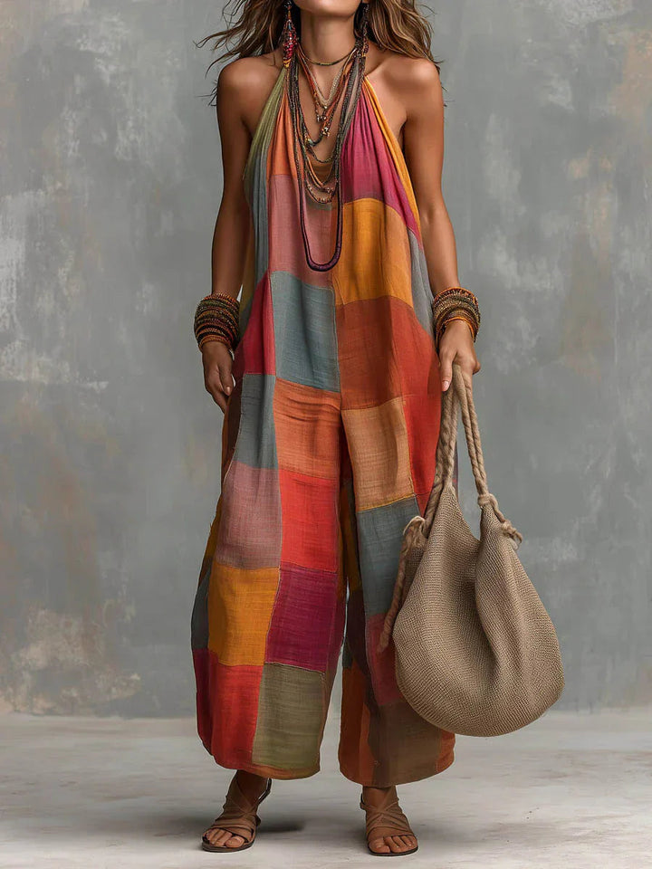 Meriny - Macacão em Patchwork Com Decote Halter e Pernas Largas
