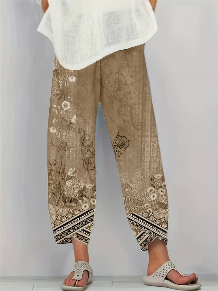 Thimasha - Calças Capri Com Padrão Floral Vintage e Cintura Elástica