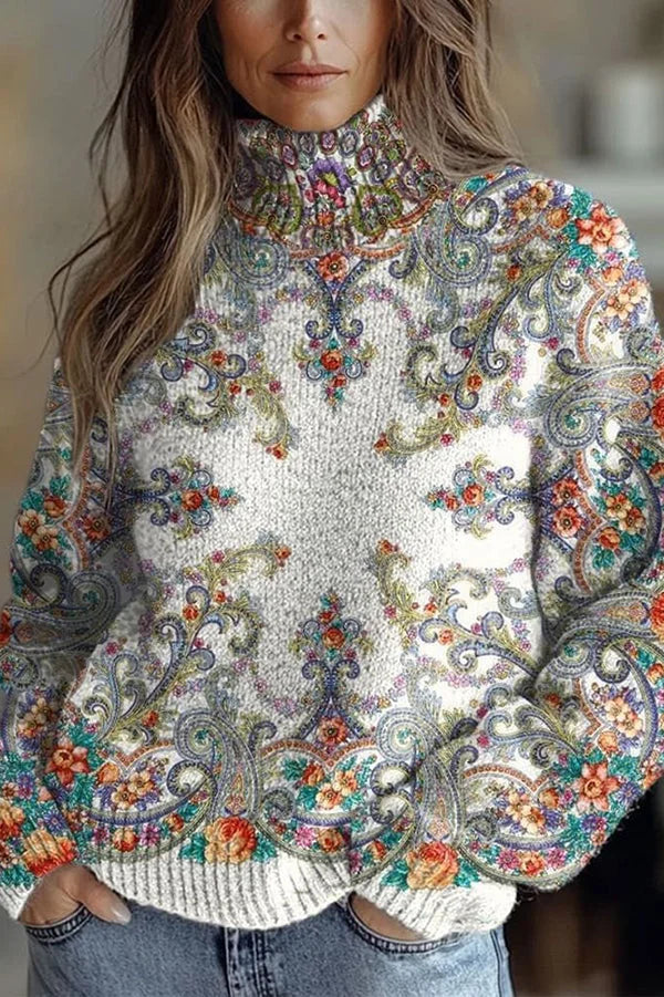 Nijole - Moletom Floral de Gola Alta e Mangas Compridas