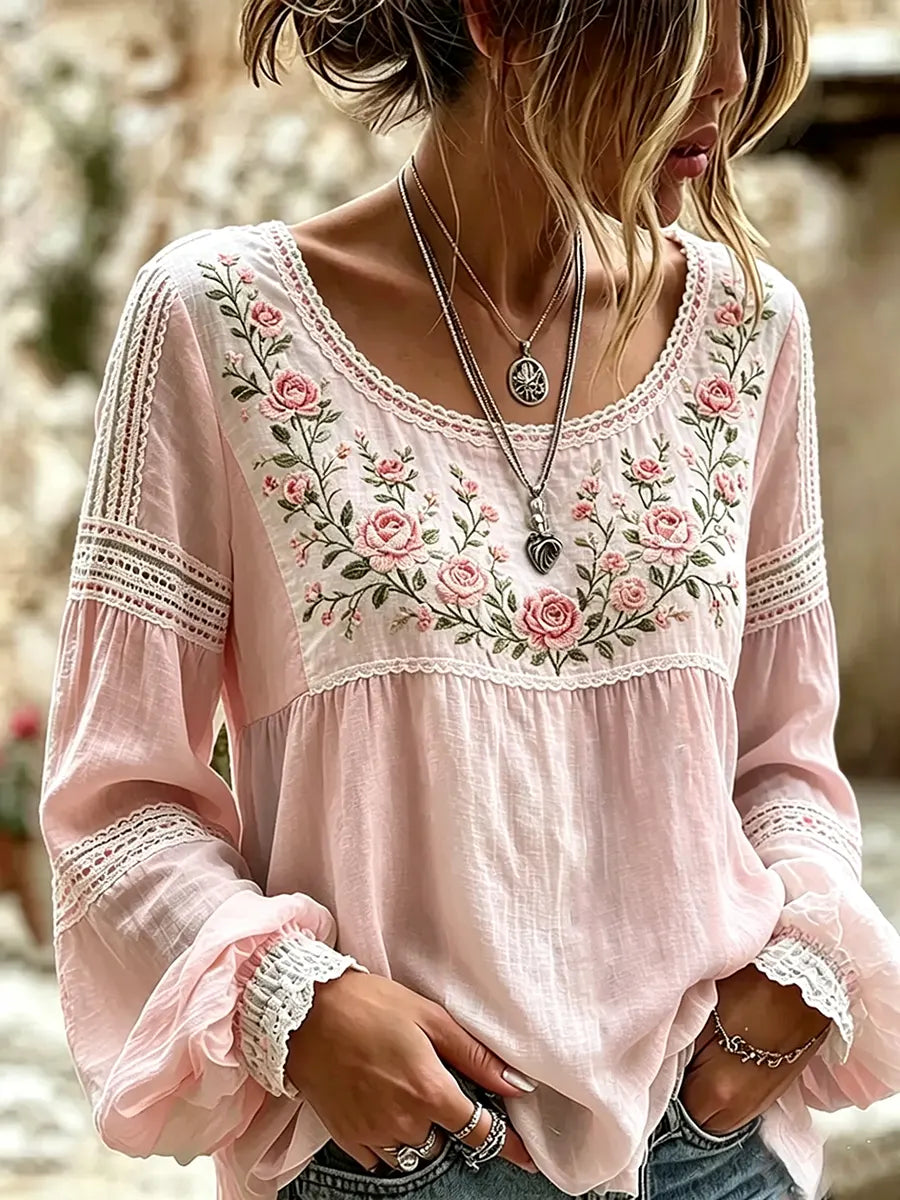 Esraa - Blusa De Linho Com Gola Bordada Com Motivos Florais
