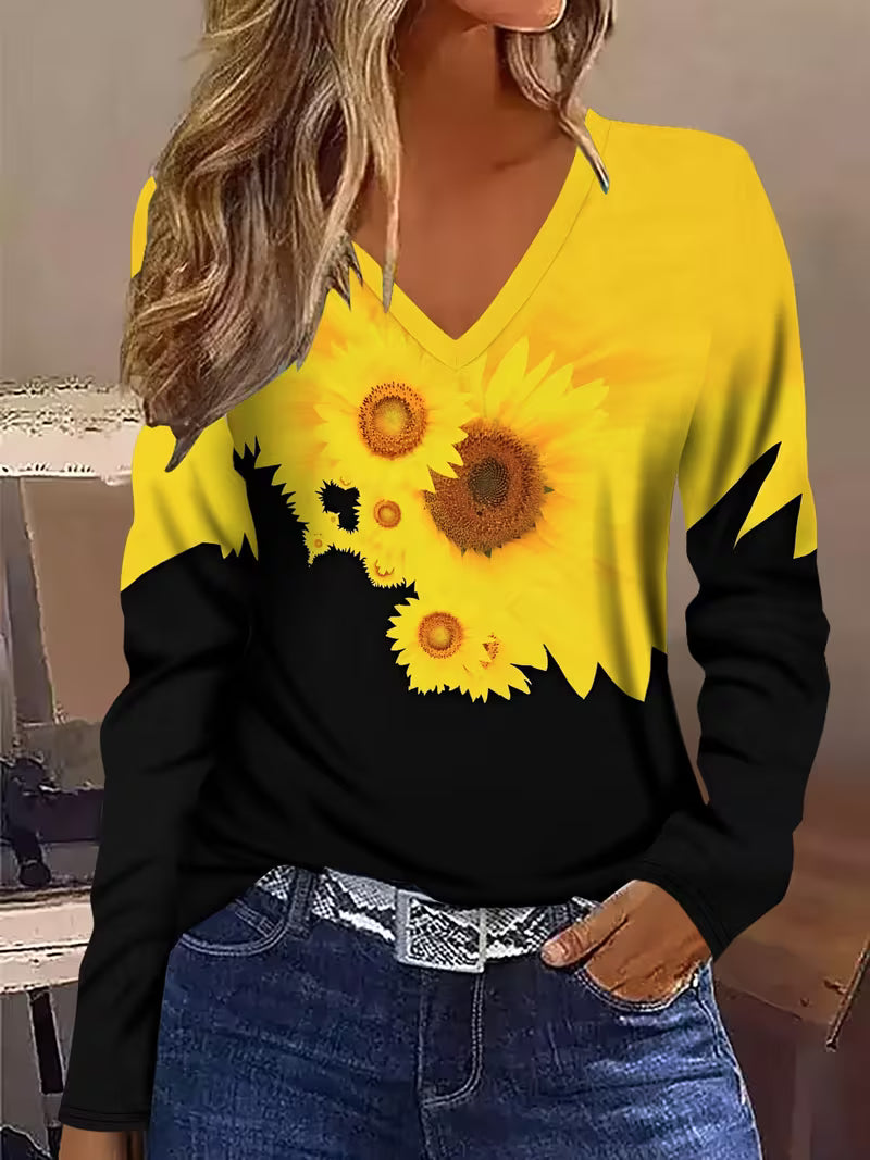 Olina - Camisola De Manga Comprida Com Estampado De Girassóis