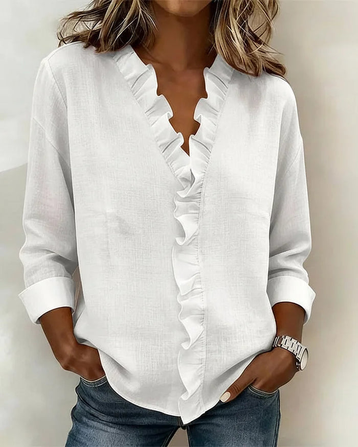 Pabasari - Blusa Elegante Com Decote em V e Babados Delicados