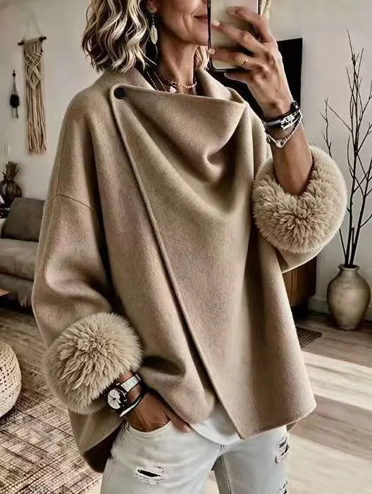 Mikila - Faux Fur Cuff Asymmetric Wool-Blend Jacket