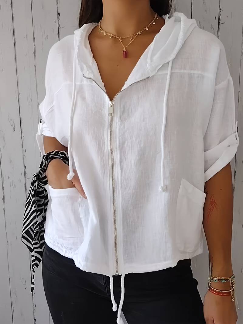 Senushi - Camisa de Manga Curta Folgada Com Capuz e Fecho de Correr