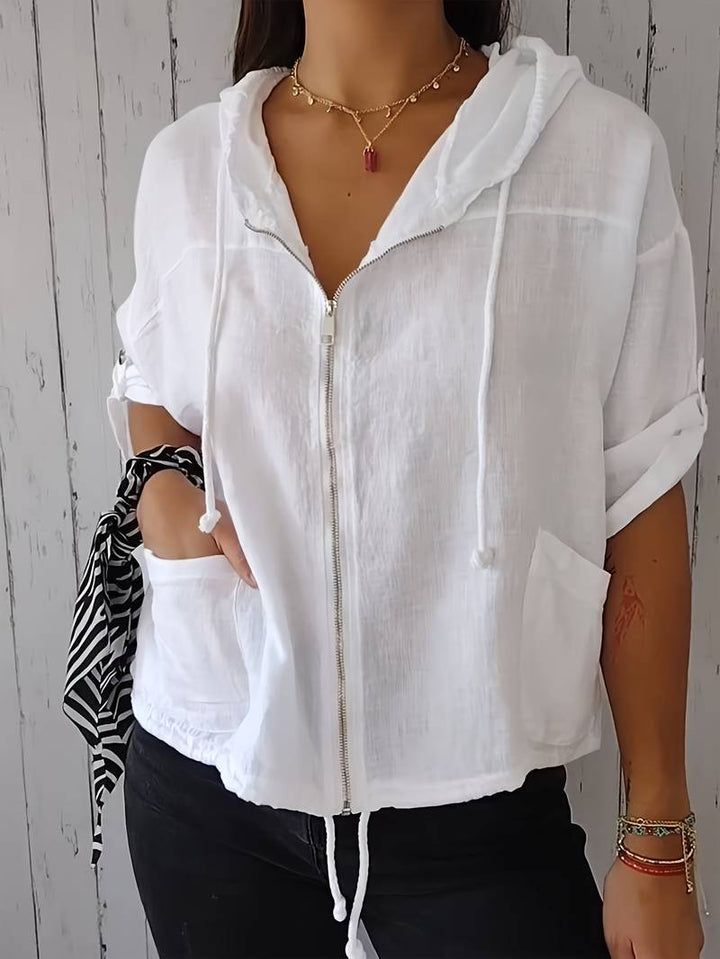 Senushi - Camisa de Manga Curta Folgada Com Capuz e Fecho de Correr