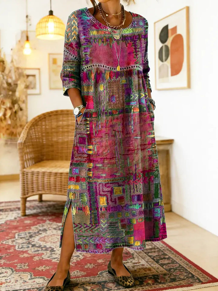 Nihada - Vestido Midi Artístico Com Corte Evasê