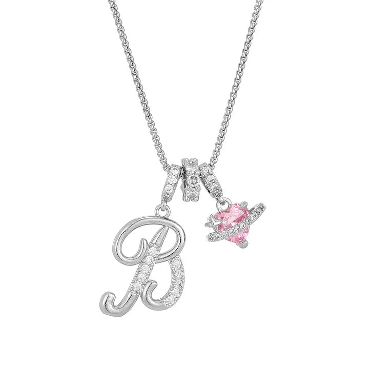 Nerute - Colar Com Inicial e Pingente em Forma de Coração Rosa