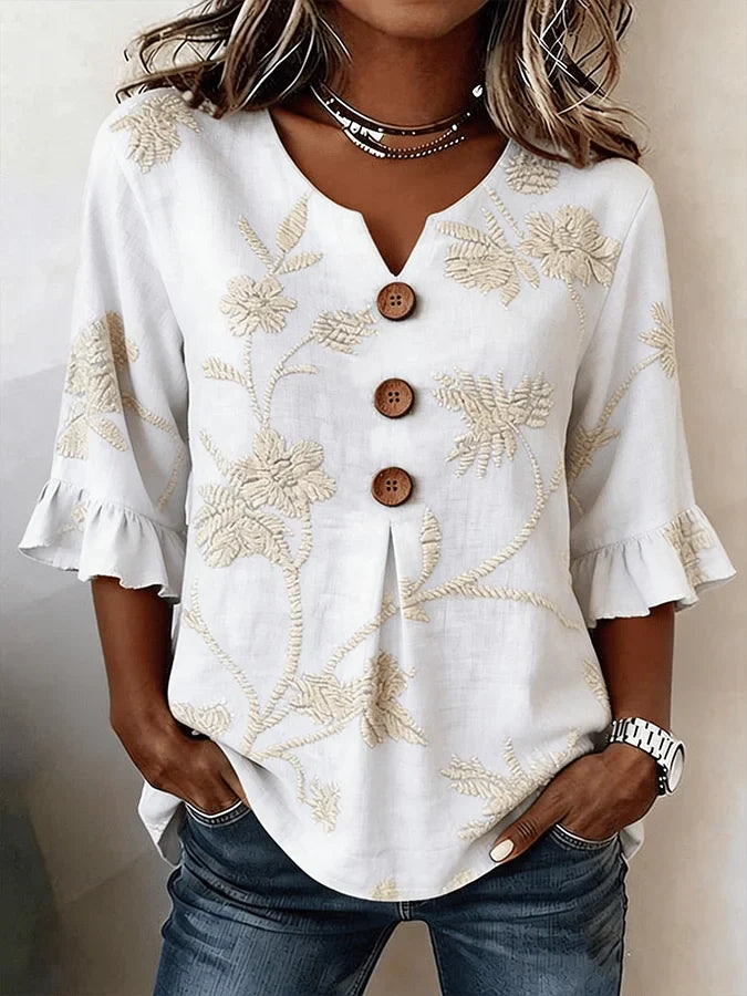 Bisila - Camisa Com Bordado Floral e Mangas Com Folhos