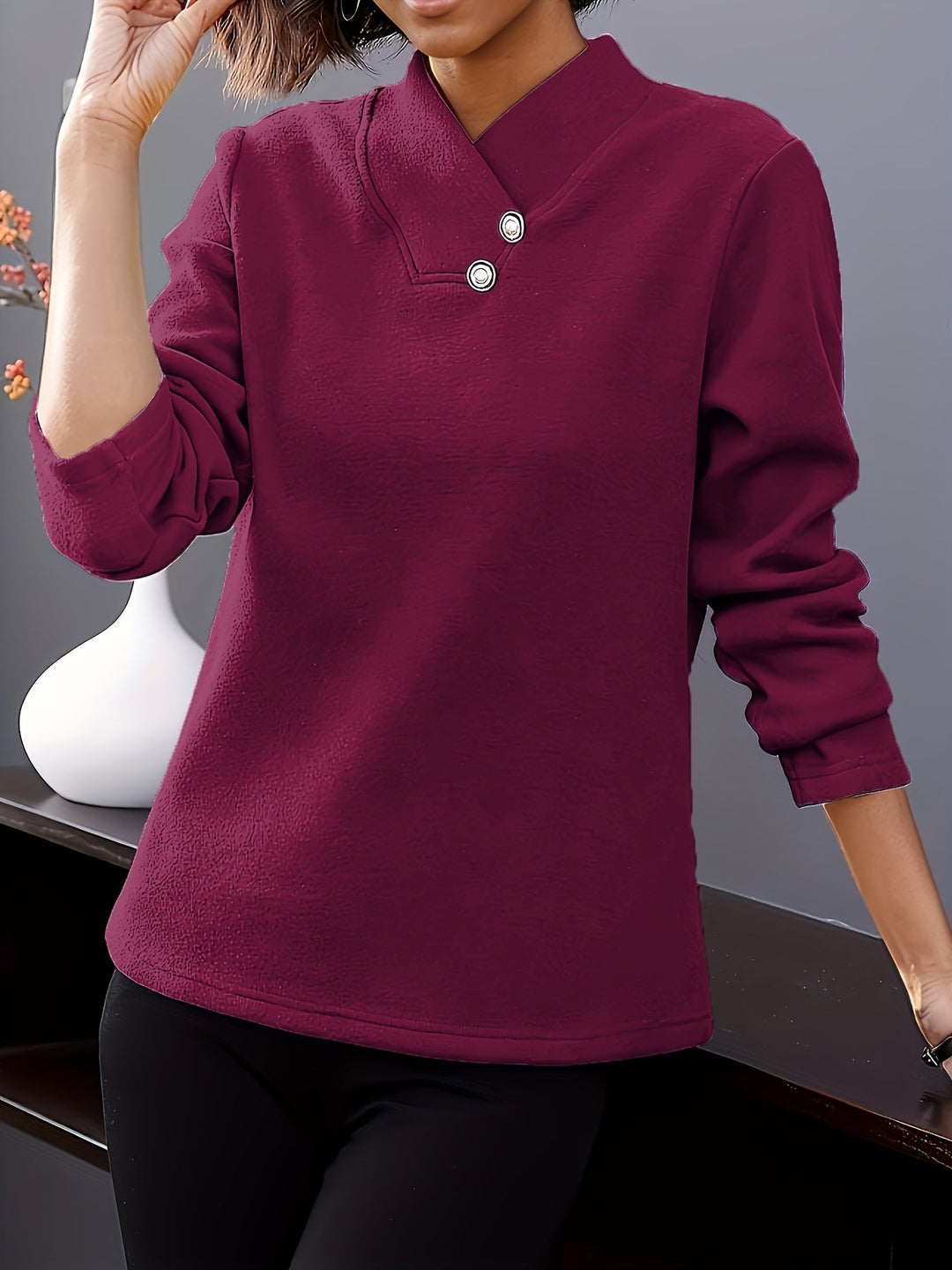 Bonya - Top Casual De Manga Comprida Com Decote Em V