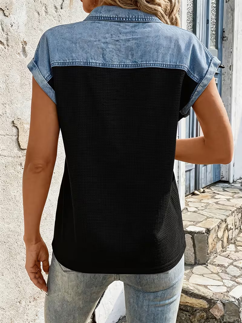 Haily - Top Casual de Ganga Com Gola em Patchwork e Manga Curta