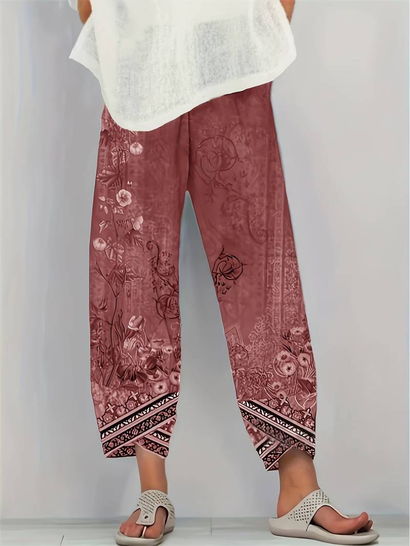 Thimasha - Calças Capri Com Padrão Floral Vintage e Cintura Elástica