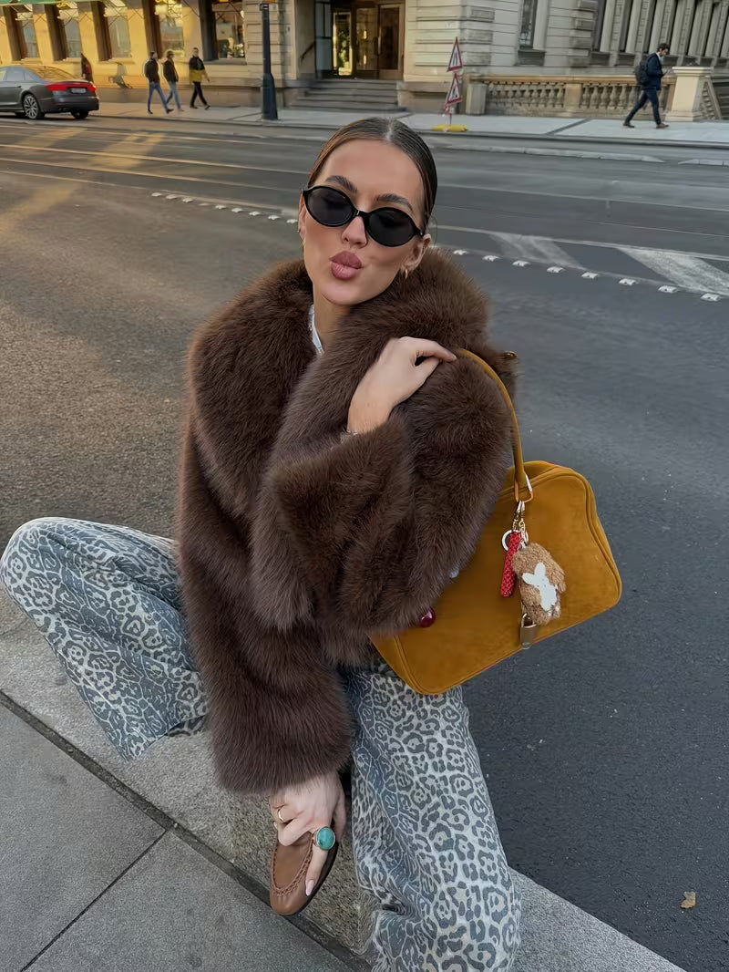 Jorida - Casaco Curto Oversized Com Lapelas, Em Pele Sintética