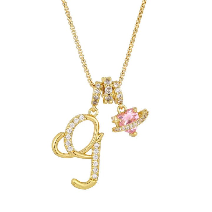 Nerute - Colar Com Inicial e Pingente em Forma de Coração Rosa