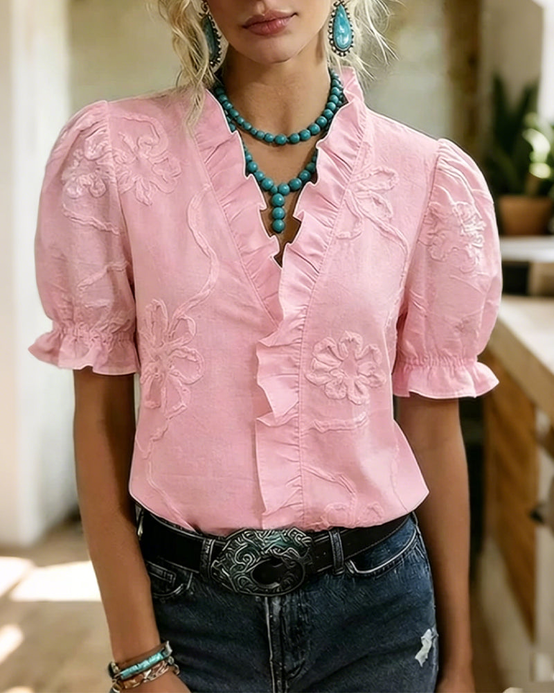 Lillynn - Blusa Com Decote Em V Acabamento Com Folhos E Mangas Bufantes
