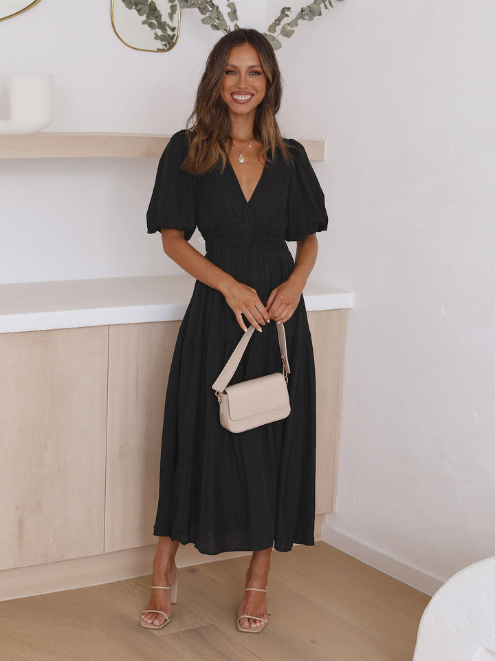 Delphine - Vestido Midi Elegante Com Decote Em V E Mangas Com Folhos