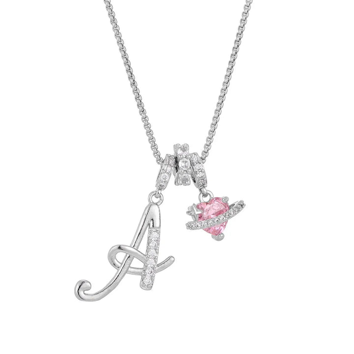 Nerute - Colar Com Inicial e Pingente em Forma de Coração Rosa