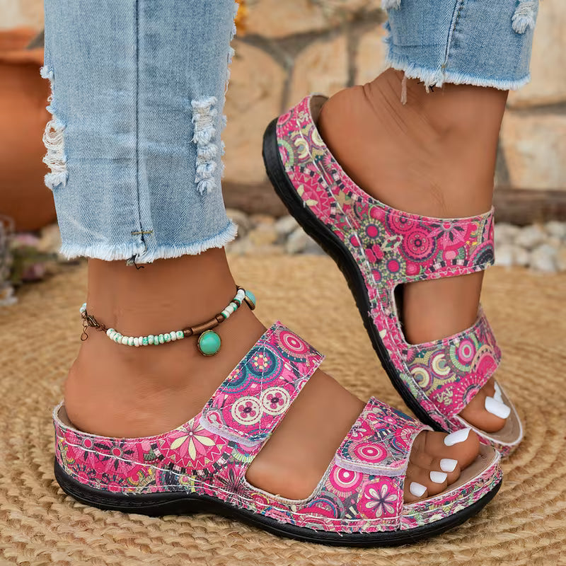 Dhifef - Sandália De Verão Com Salto Grosso E Padrão Estampado