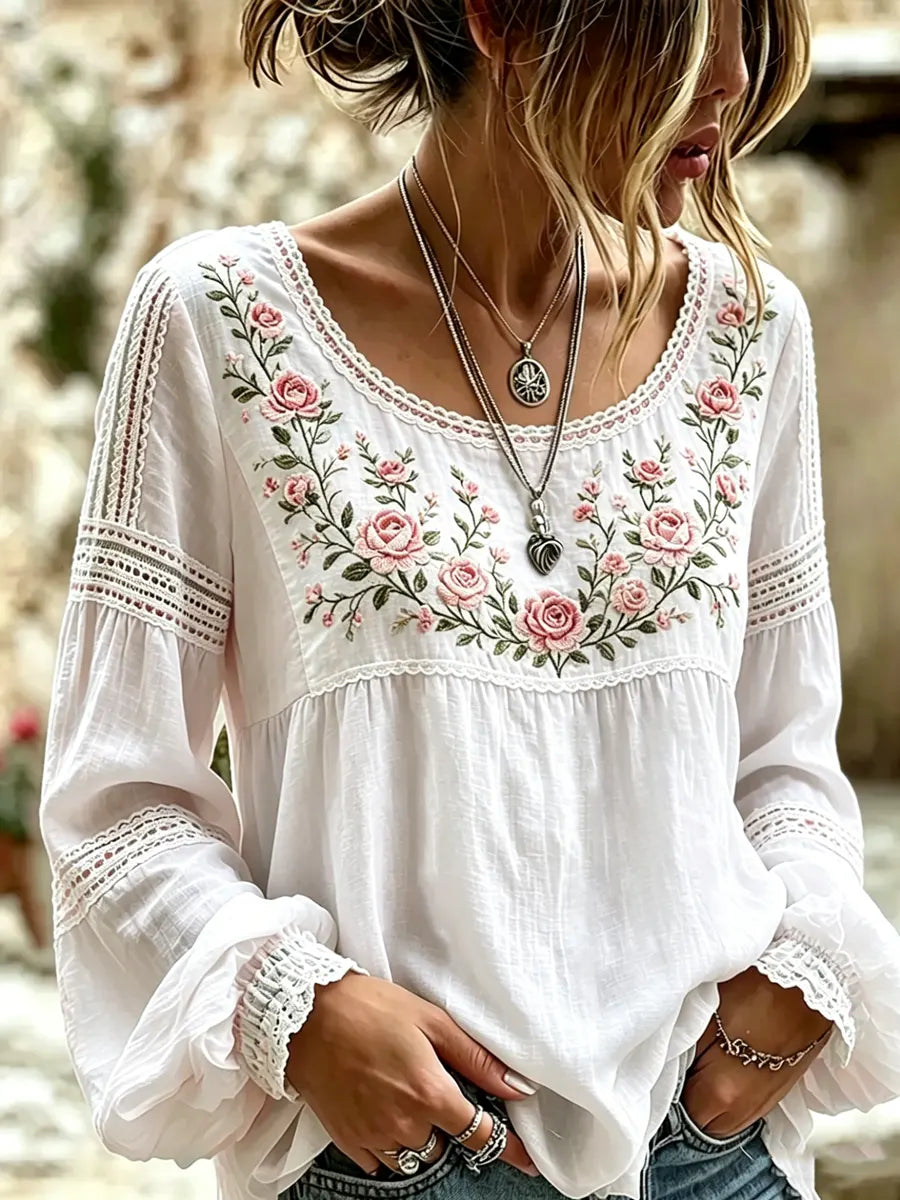 Esraa - Blusa De Linho Com Gola Bordada Com Motivos Florais