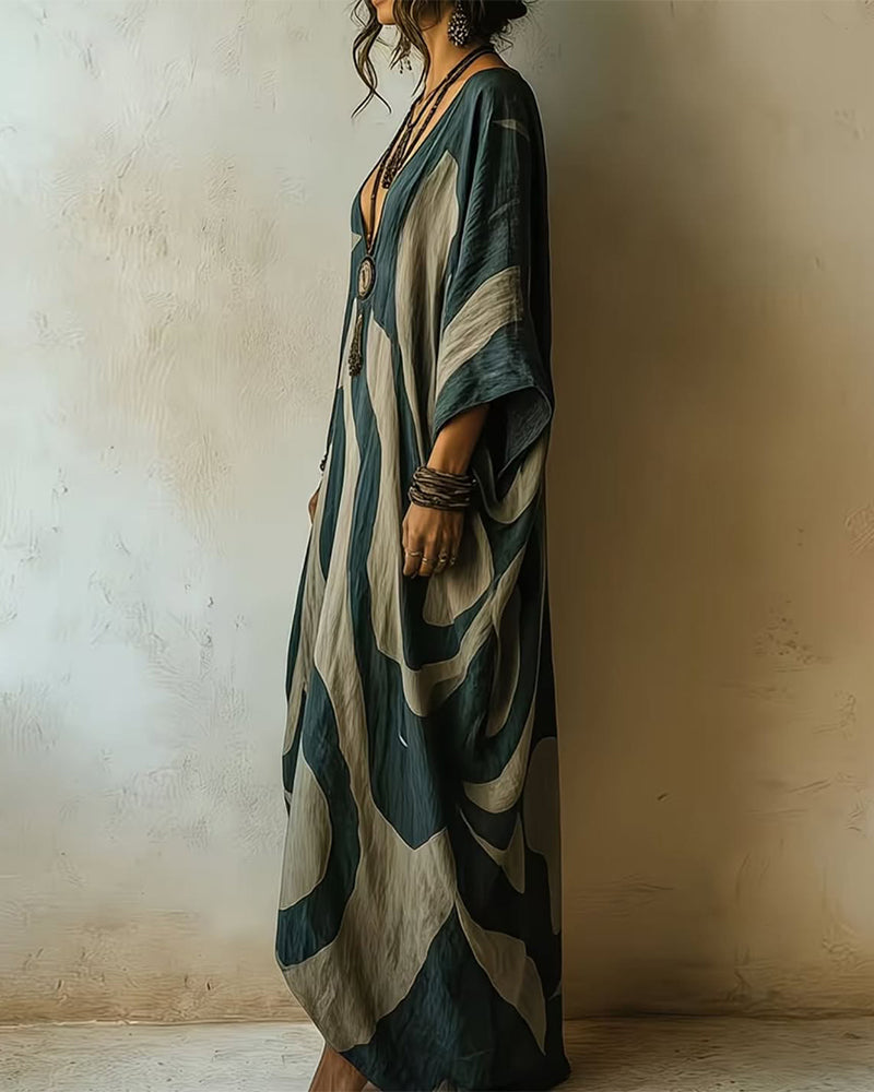 Valarien - Vestido Maxi Solto Com Padrão Abstrato E Decote Em V