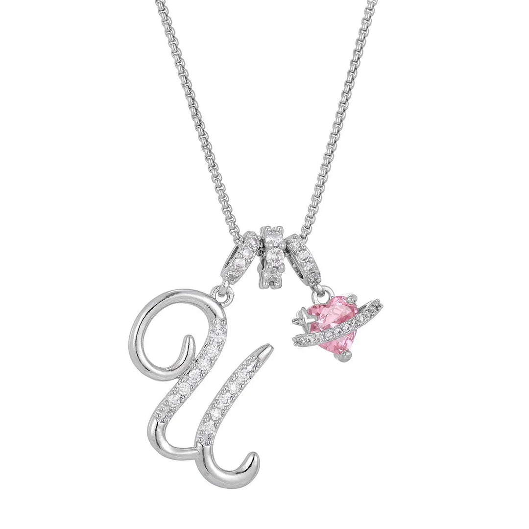 Nerute - Colar Com Inicial e Pingente em Forma de Coração Rosa