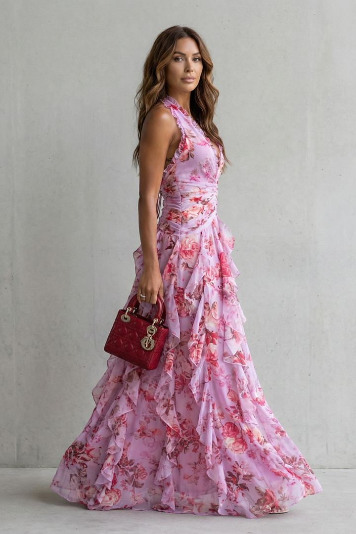 Eliora - Vestido Maxi Com Decote Halter e Padrão Floral Em Cascata