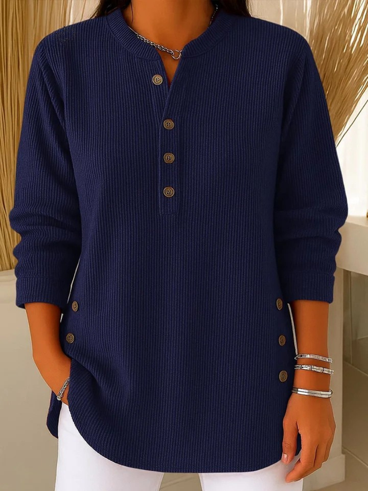 Eshani - Top Henley Casual Com Mangas Compridas Nervuras e Botões