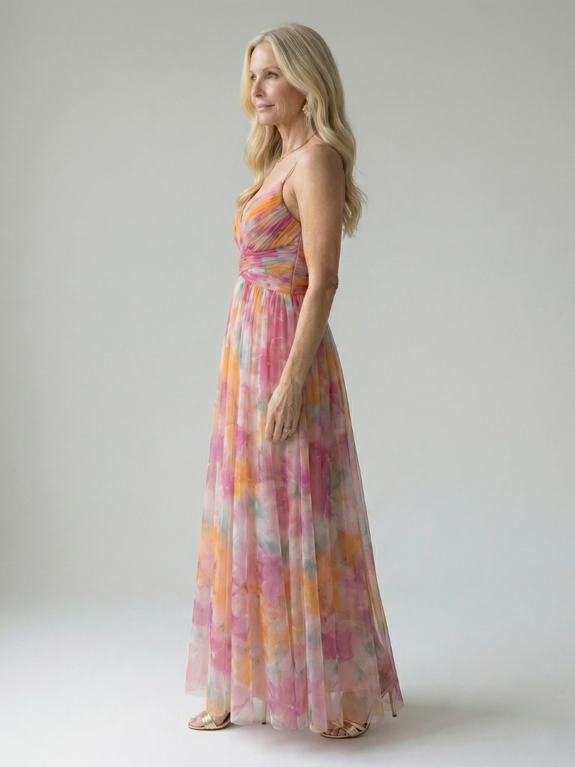 Xeenia - Vestido Maxi Elegante Em Chiffon Com Recortes