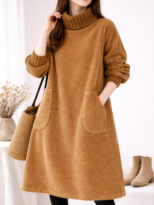 Mohana - Vestido Longo de Veludo Cotelê com Gola Alta