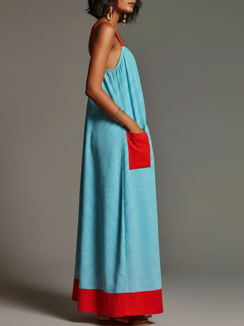 Sallina - Vestido Maxi às Riscas Com Detalhes Em Vermelho