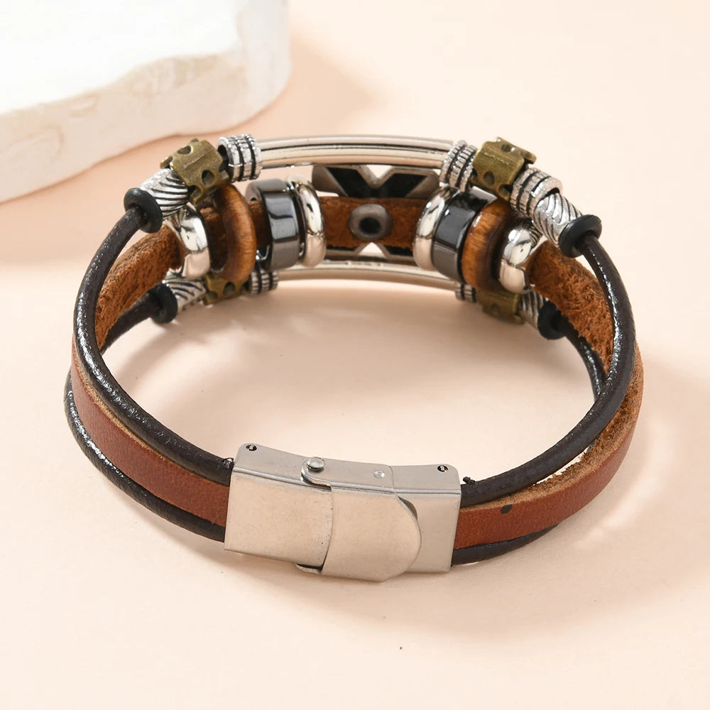 Garland - Pulseira de Couro com Cruz em Camadas