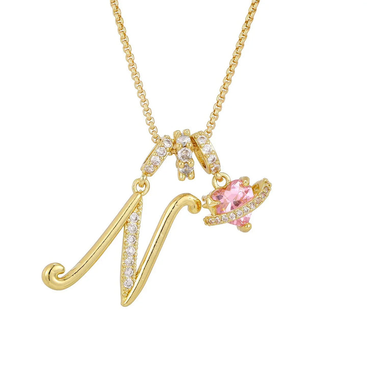 Nerute - Colar Com Inicial e Pingente em Forma de Coração Rosa