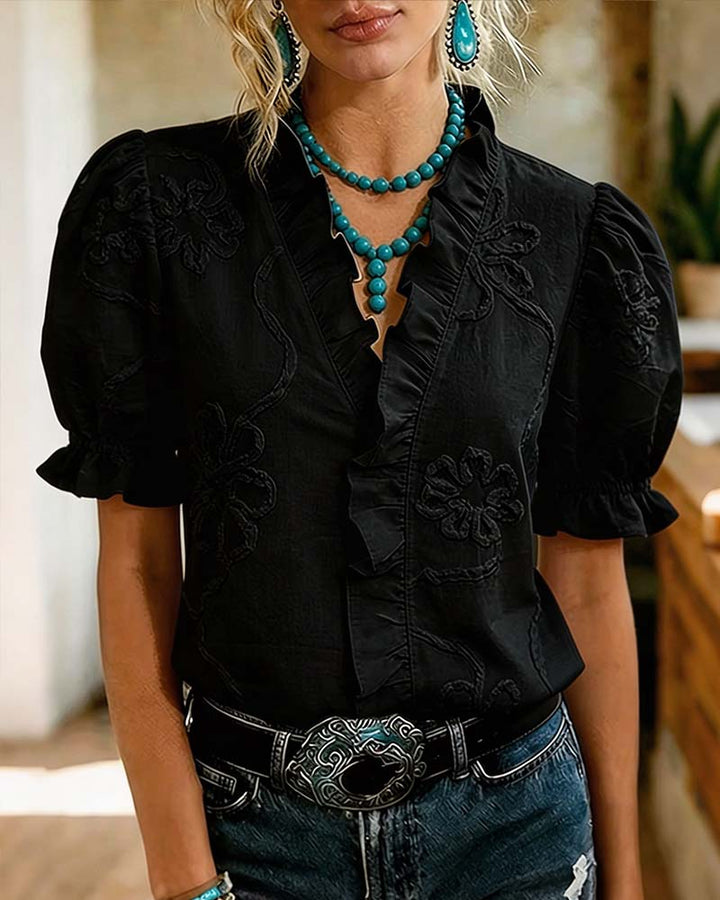 Lillynn - Blusa Com Decote Em V Acabamento Com Folhos E Mangas Bufantes