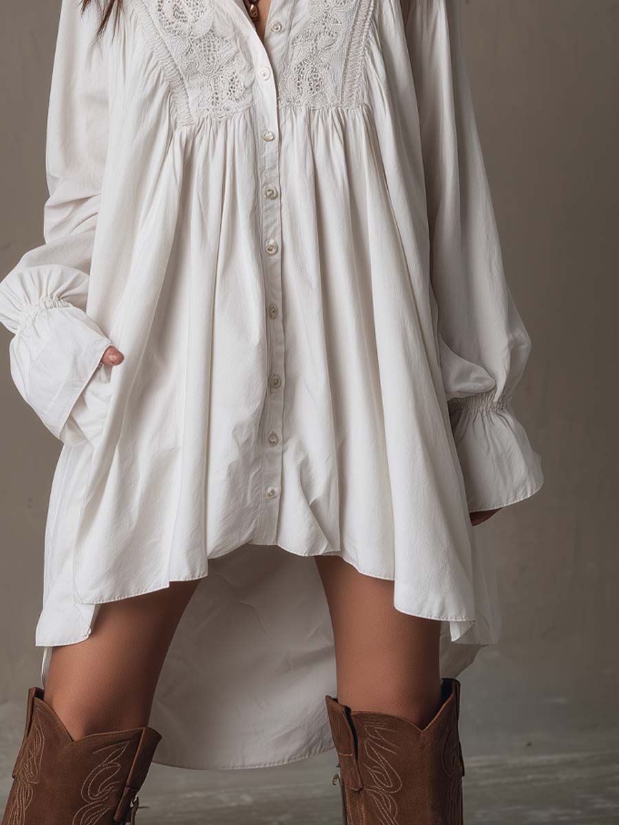 Amparo - Vestido-camisa de manga Comprida com Bainha Irregular