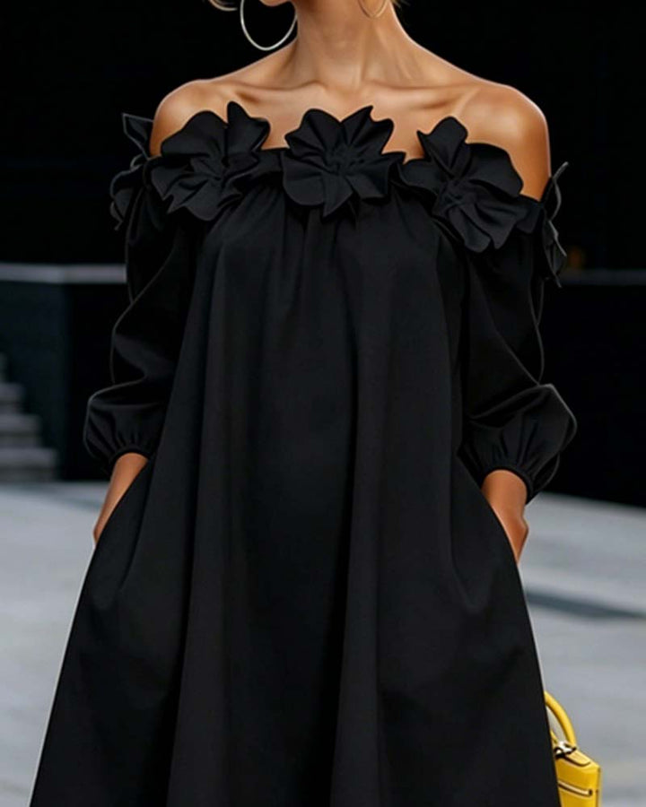 Loania - Vestido Com Ombros À Mostra E Detalhes Florais