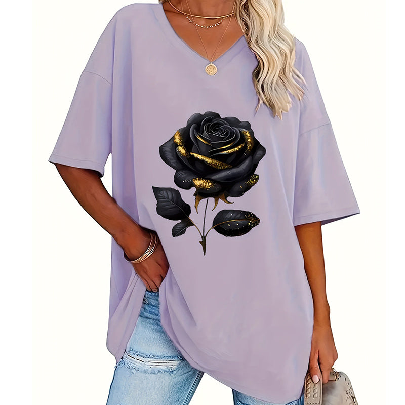 Aijia - T-camisa Com Decote Em V E Estampado De Rosas