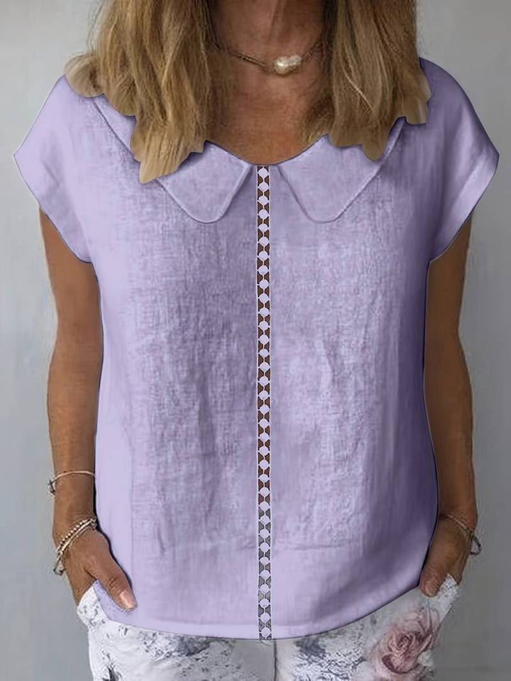 Krischelle - Camisola De Manga Curta Com Encaixe De Renda Na Iapela
