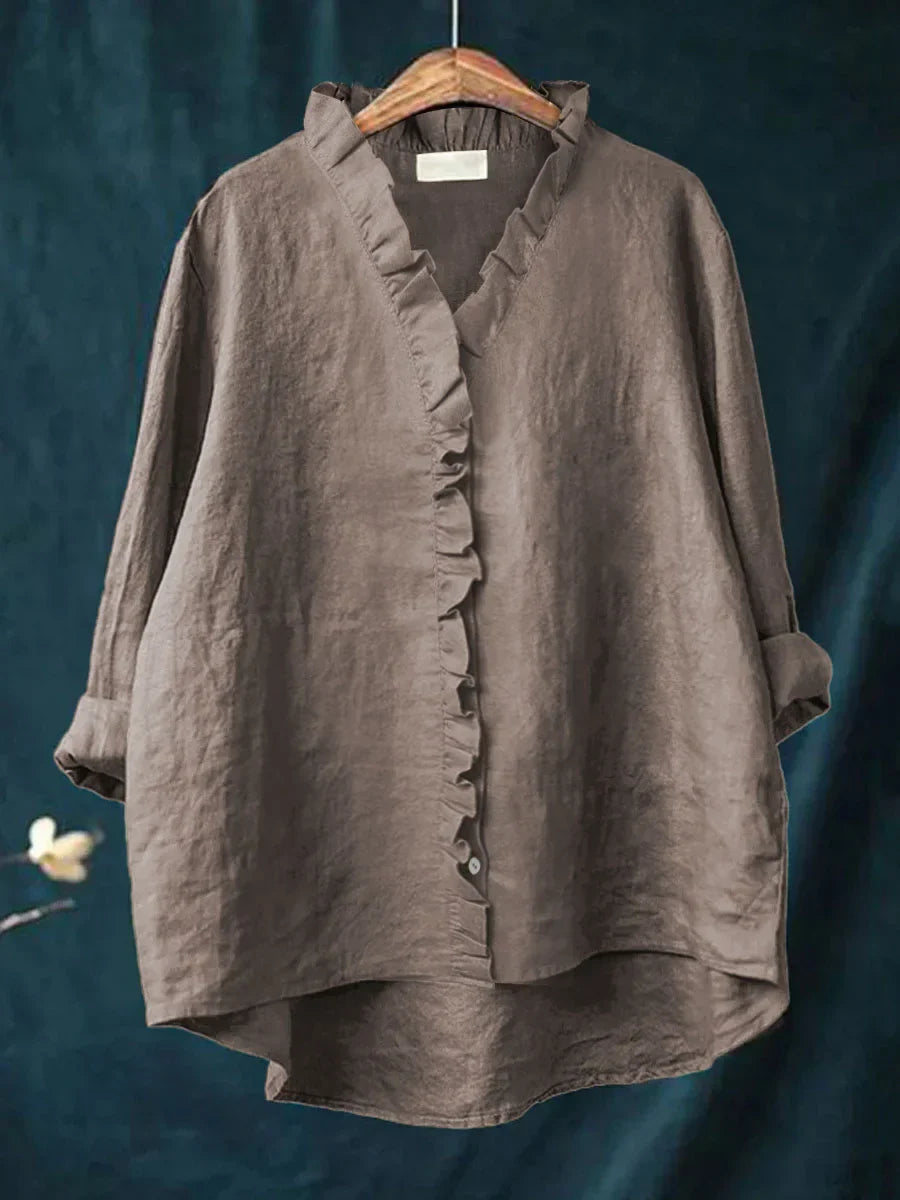 Sanela - Camisa Casual de Algodão e Linho com Folhos