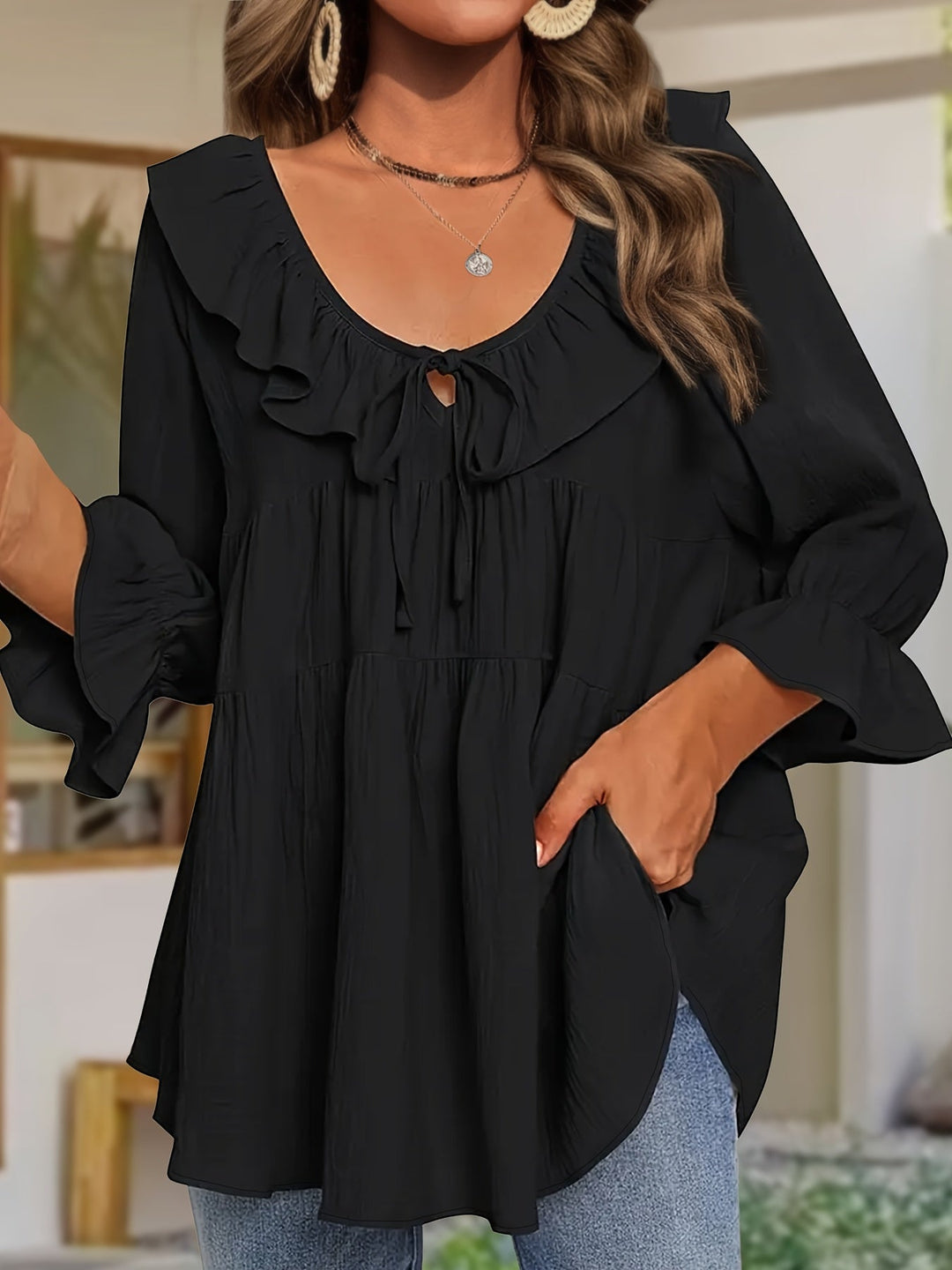 Garbine - Blusa Elegante Com Gola Com Folhos