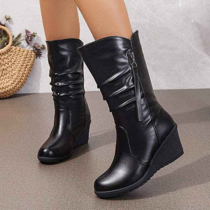ladymia - Botas até Meio Da Panturrilha Com Sola Grossa E Babados No Calcanhar