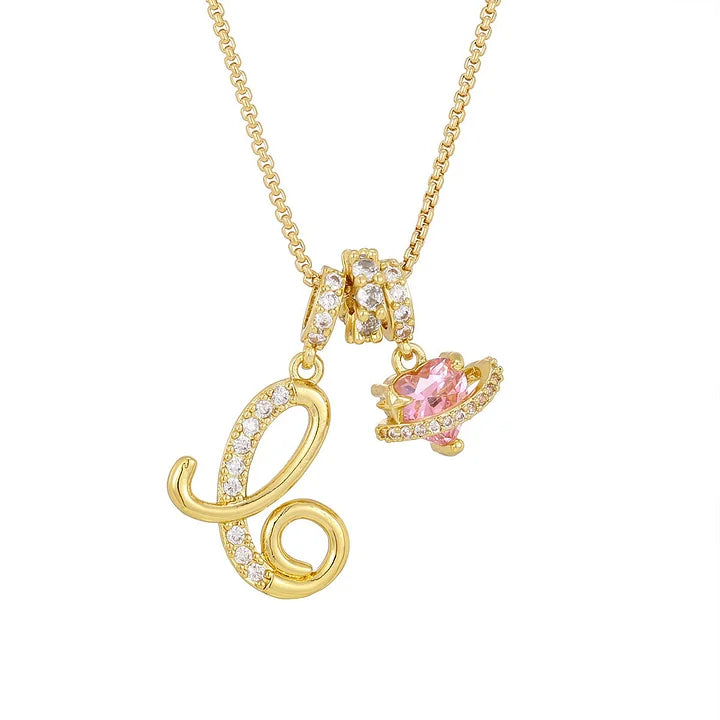 Nerute - Colar Com Inicial e Pingente em Forma de Coração Rosa