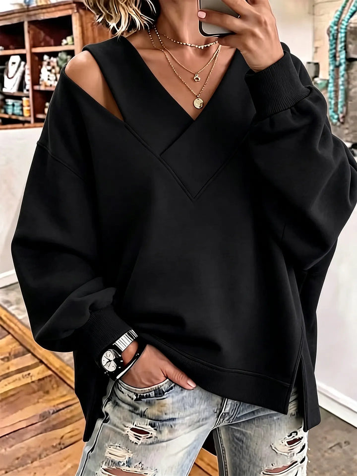 Kirstan - Camisola Oversized Elegante com Decote em V e Aberturas