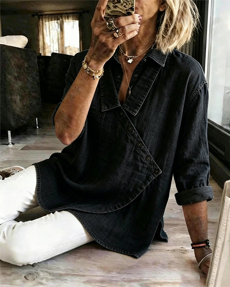 Olizia - Blusa Lisa Com Gola Diagonal Com Botões