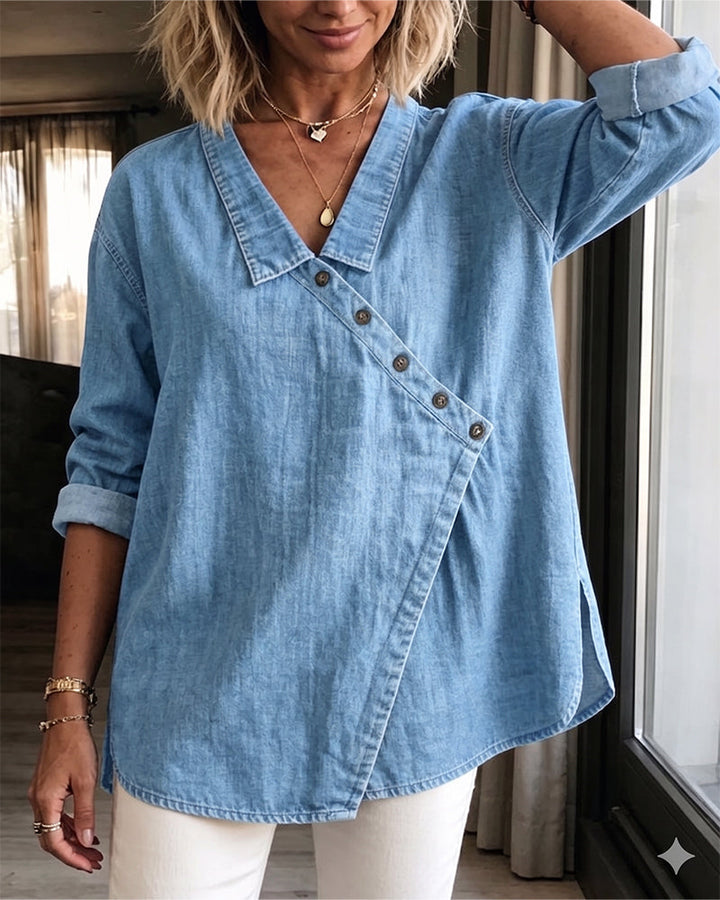Olizia - Blusa Lisa Com Gola Diagonal Com Botões