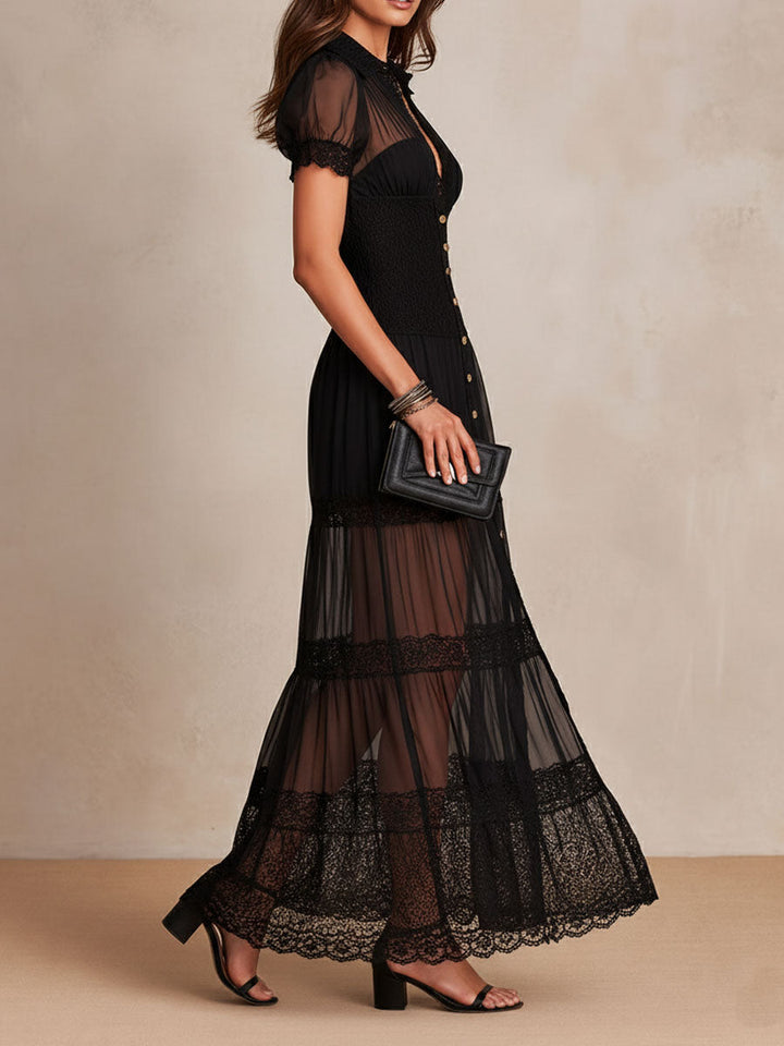 Charuek - Vestido Maxi Transparente Em Renda Com Fecho De Botões