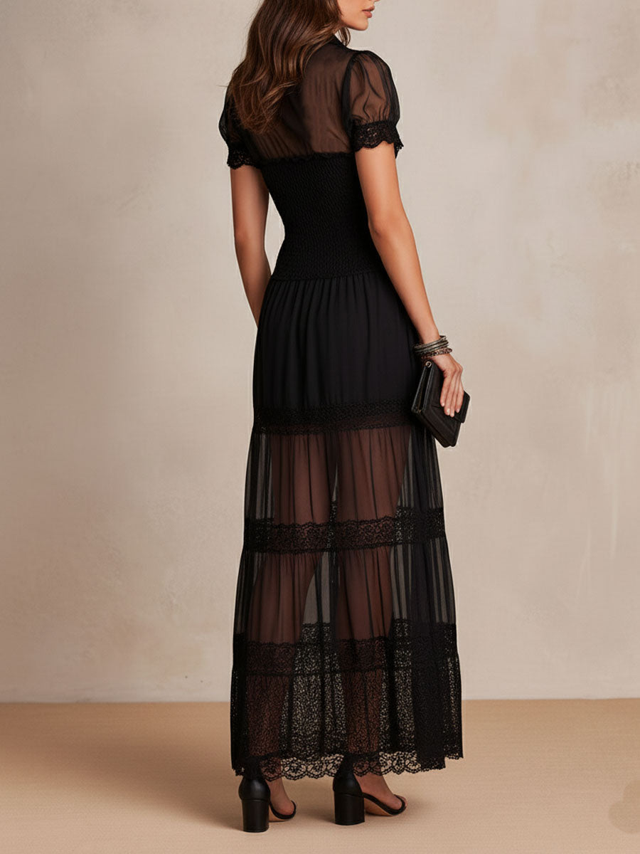 Charuek - Vestido Maxi Transparente Em Renda Com Fecho De Botões
