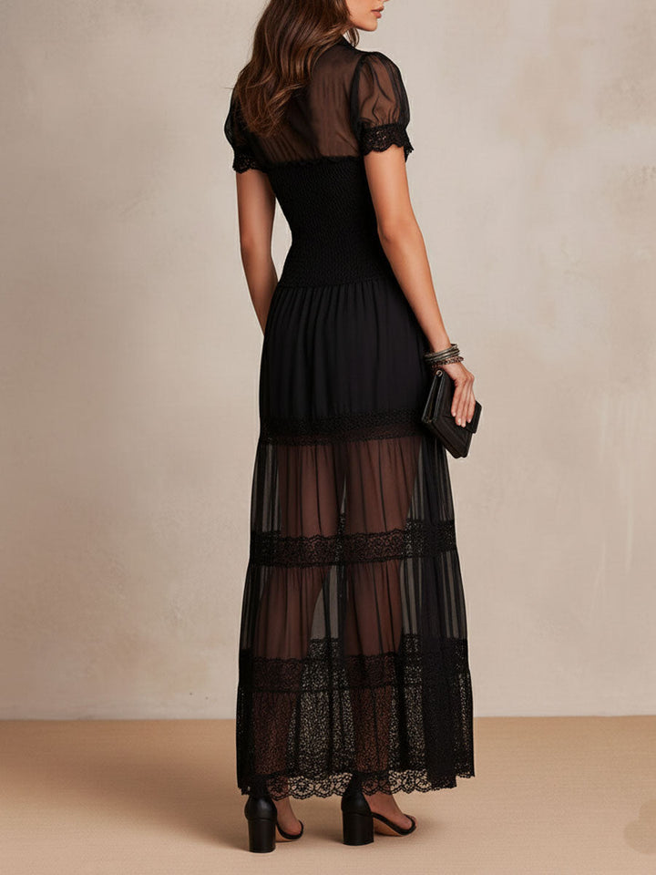 Charuek - Vestido Maxi Transparente Em Renda Com Fecho De Botões