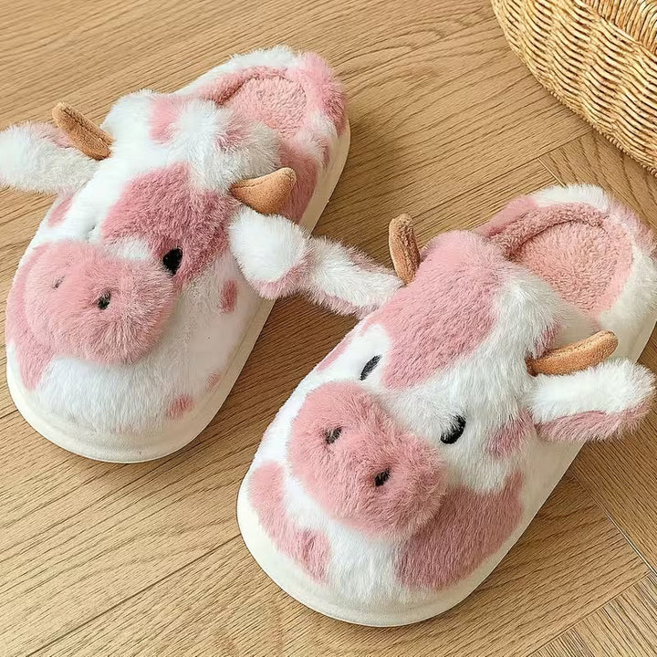 Faliza - Chinelos De Pelúcia Para Uso Doméstico Com Padrão De Vaca Malhada