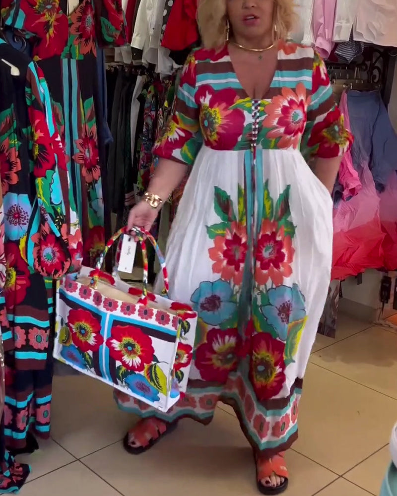 Nerijaa - Vestido Floral Com Decote Em V Profundo
