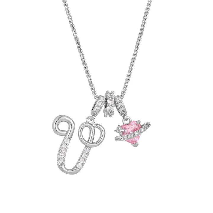 Nerute - Colar Com Inicial e Pingente em Forma de Coração Rosa